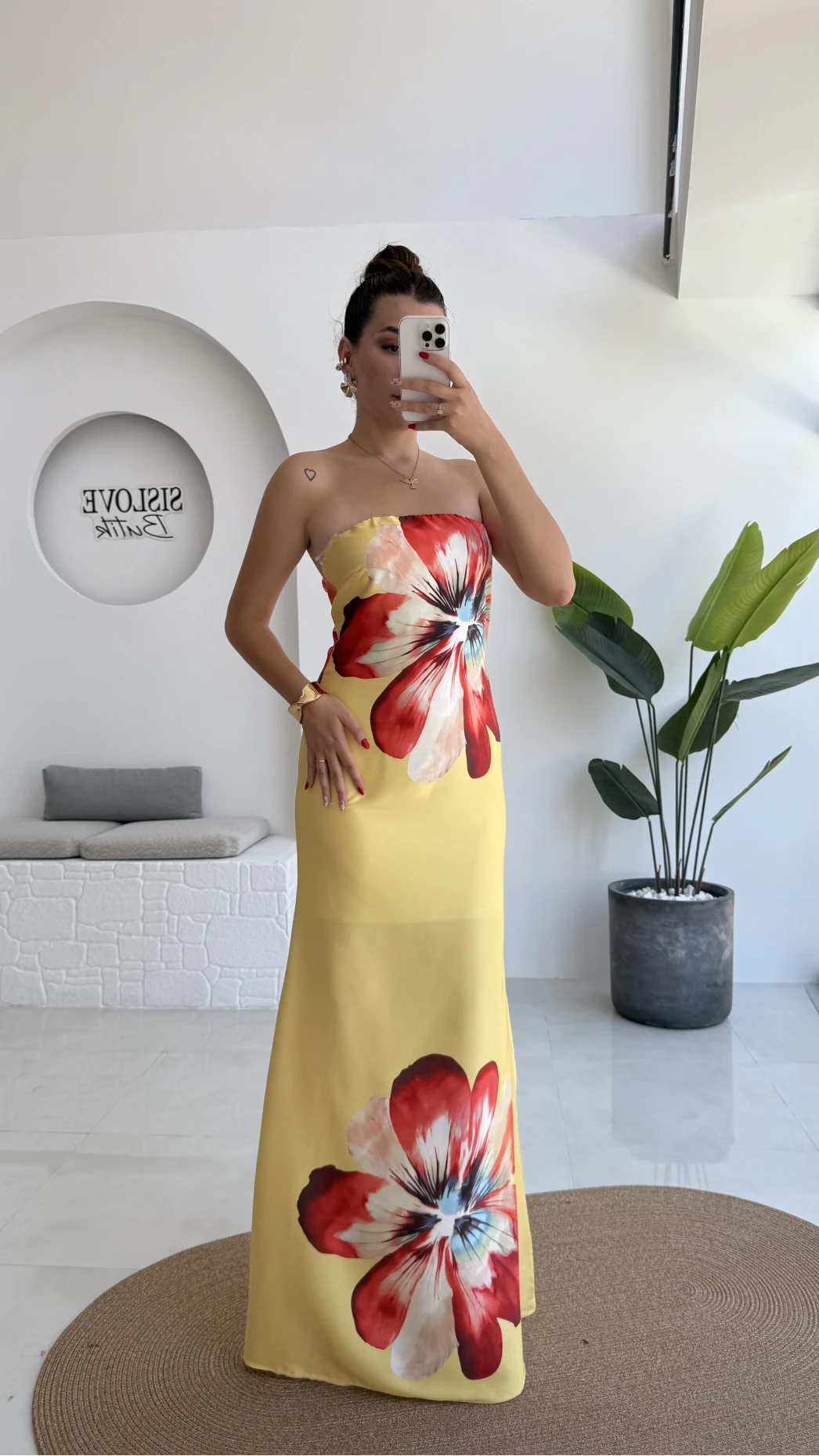 Peony Sarı Straplez Saten Elbise