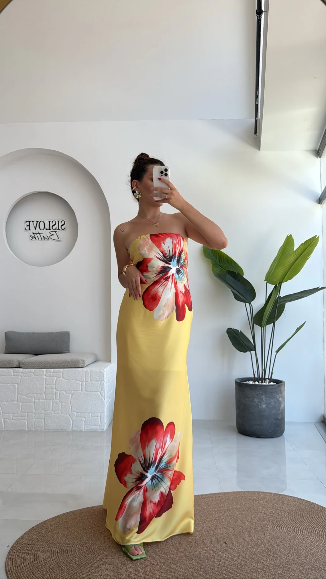 Peony Sarı Straplez Saten Elbise