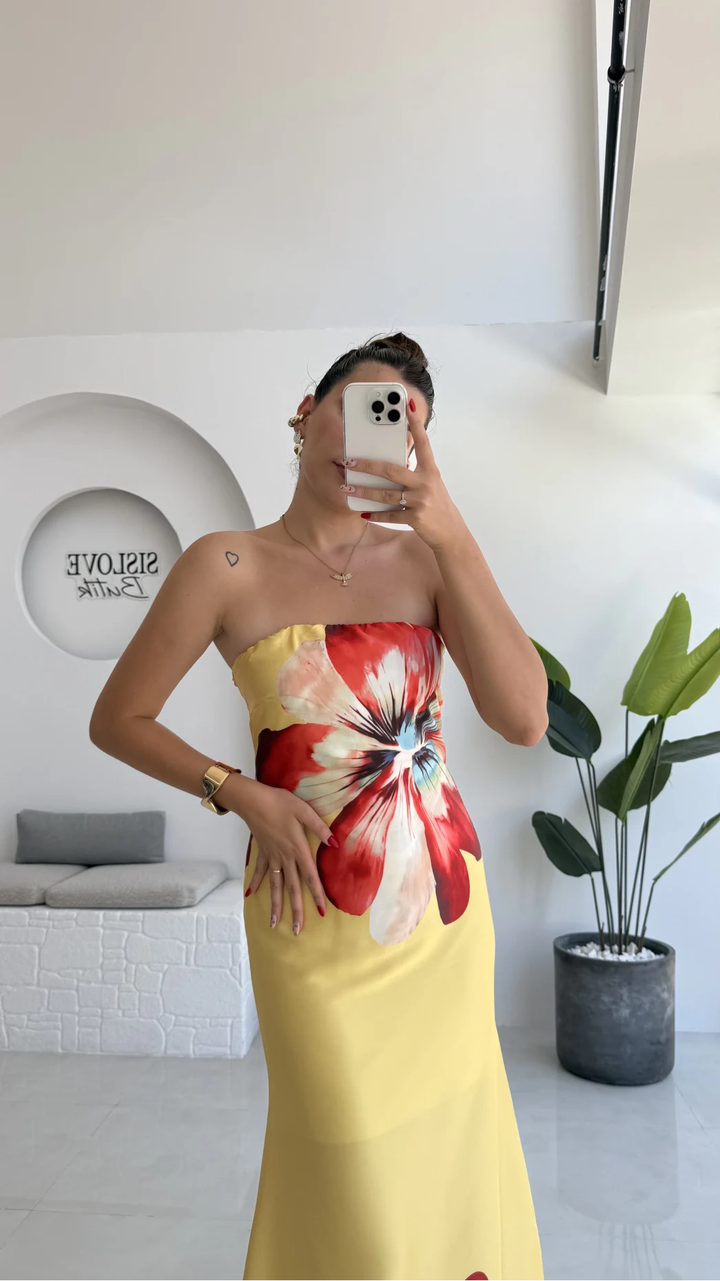 Peony Sarı Straplez Saten Elbise