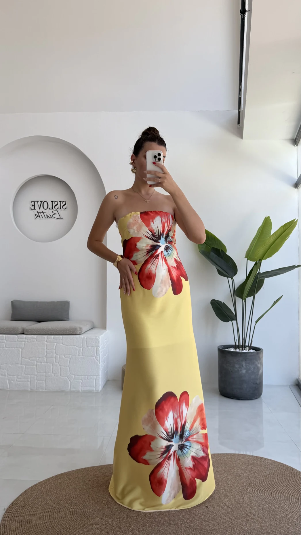 Peony Sarı Straplez Saten Elbise