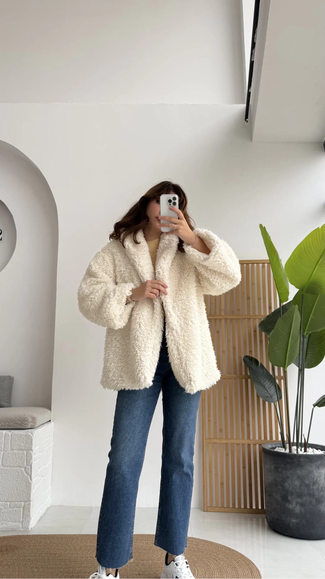 Pera Oversize Peluş Ceket - Kırık Beyaz