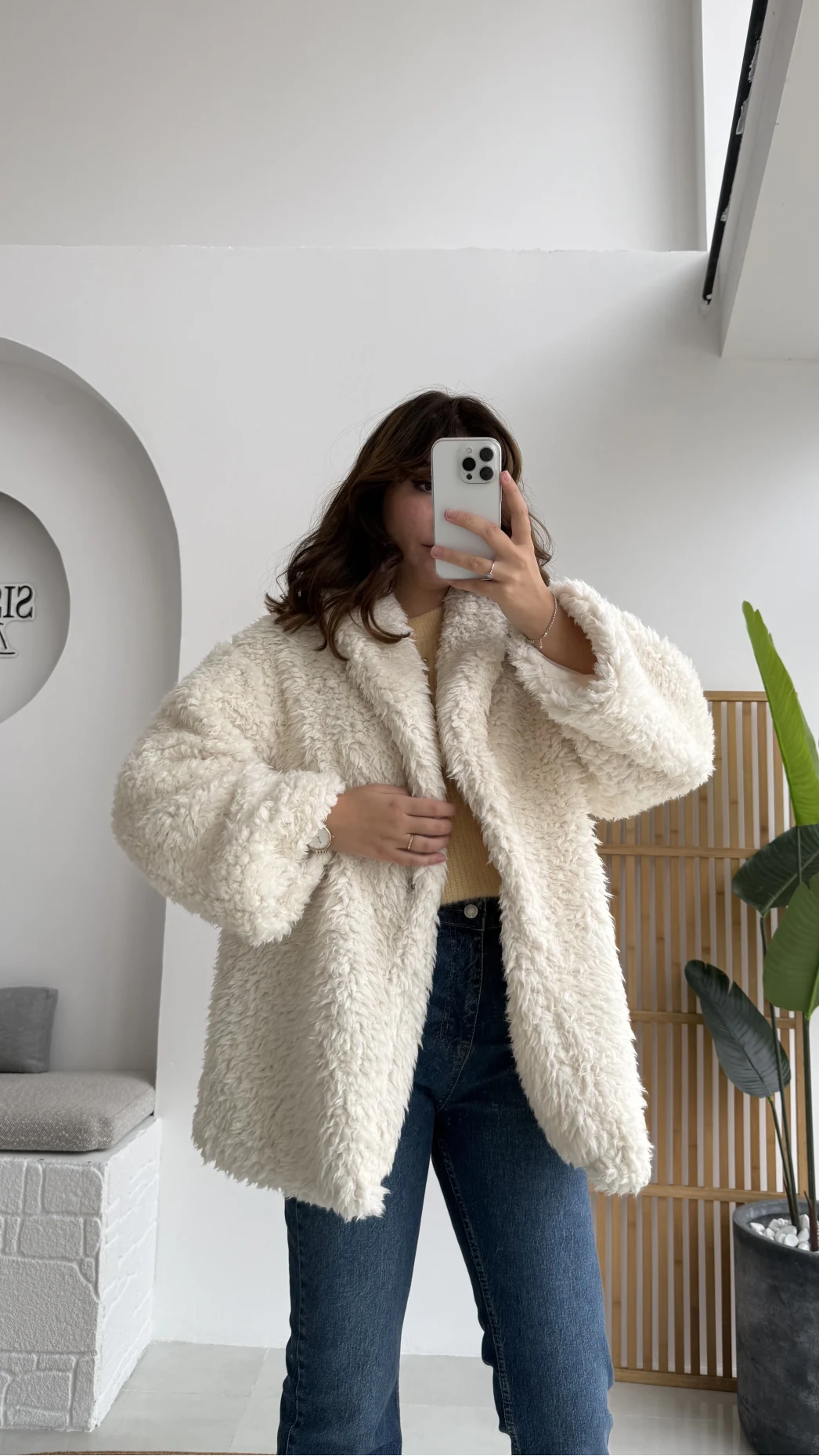 Pera Oversize Peluş Ceket - Kırık Beyaz