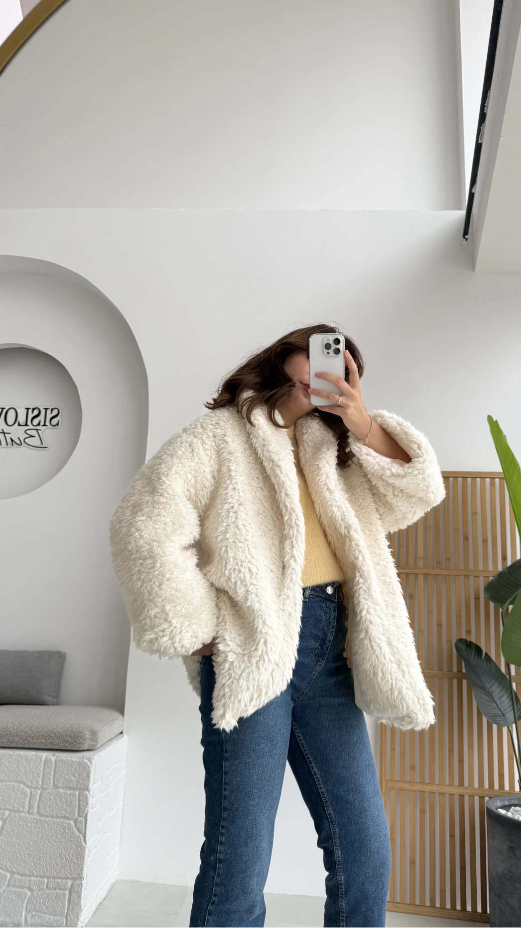 Pera Oversize Peluş Ceket - Kırık Beyaz