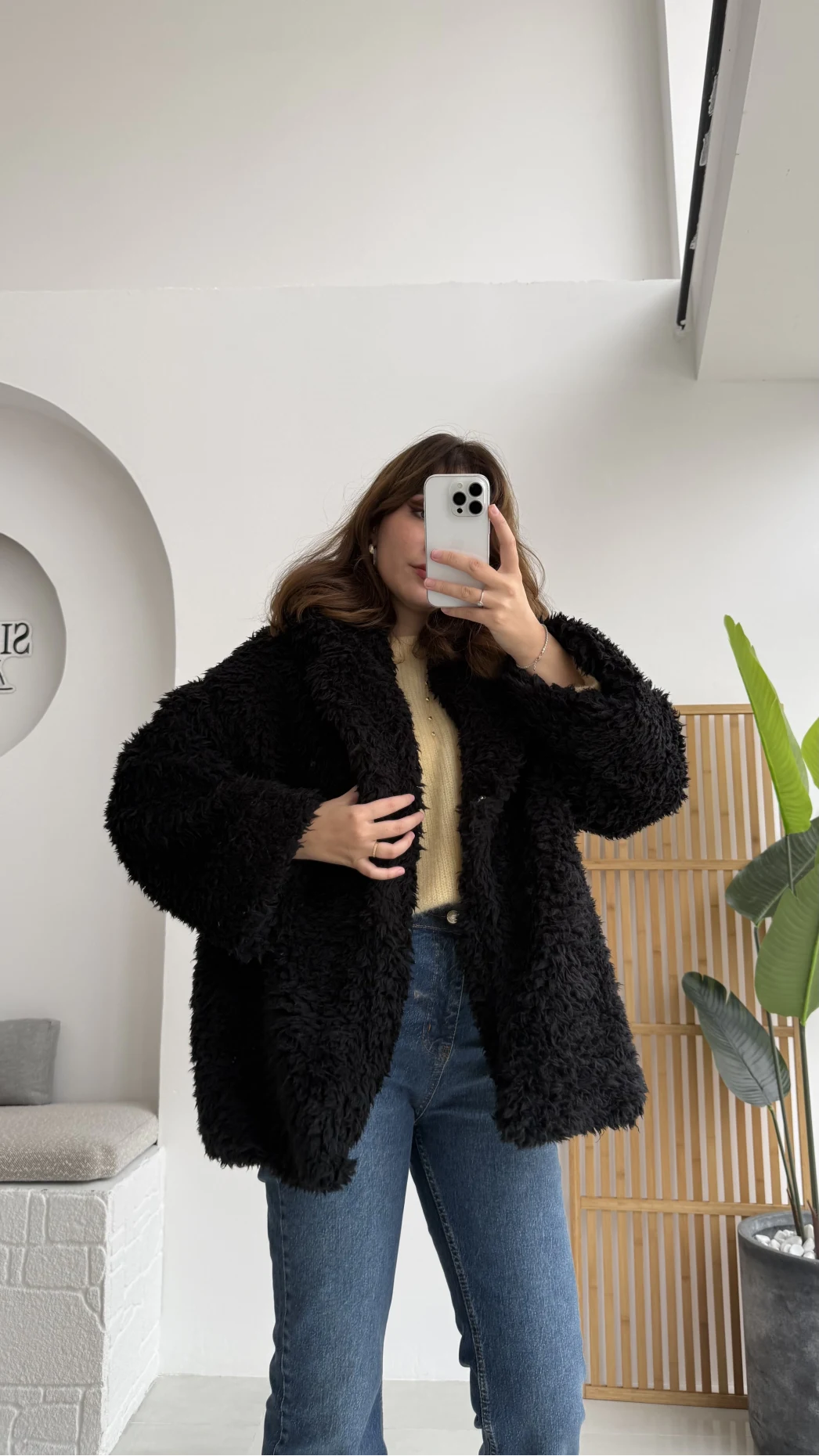 Pera Oversize Peluş Ceket - Siyah