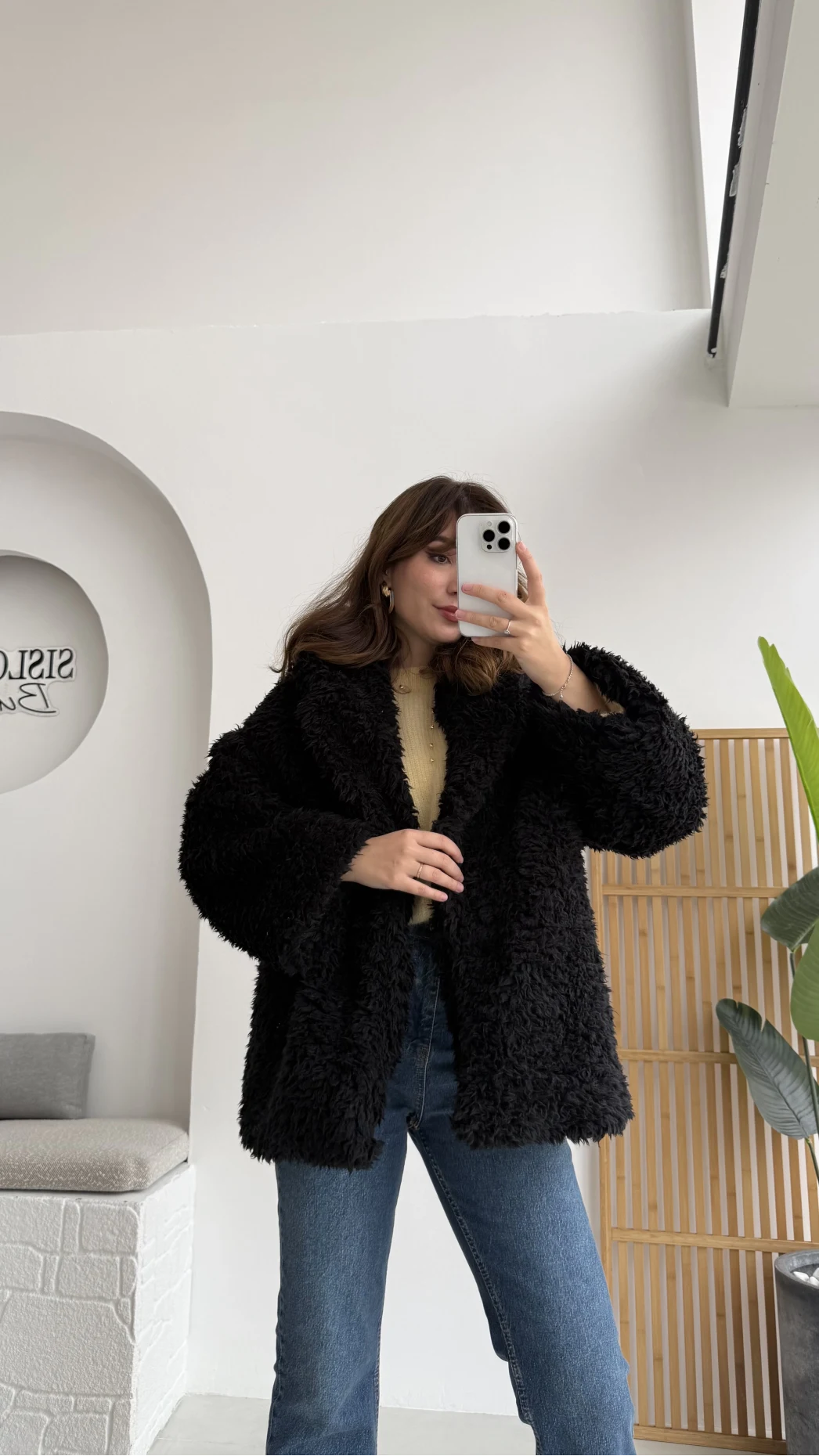 Pera Oversize Peluş Ceket - Siyah