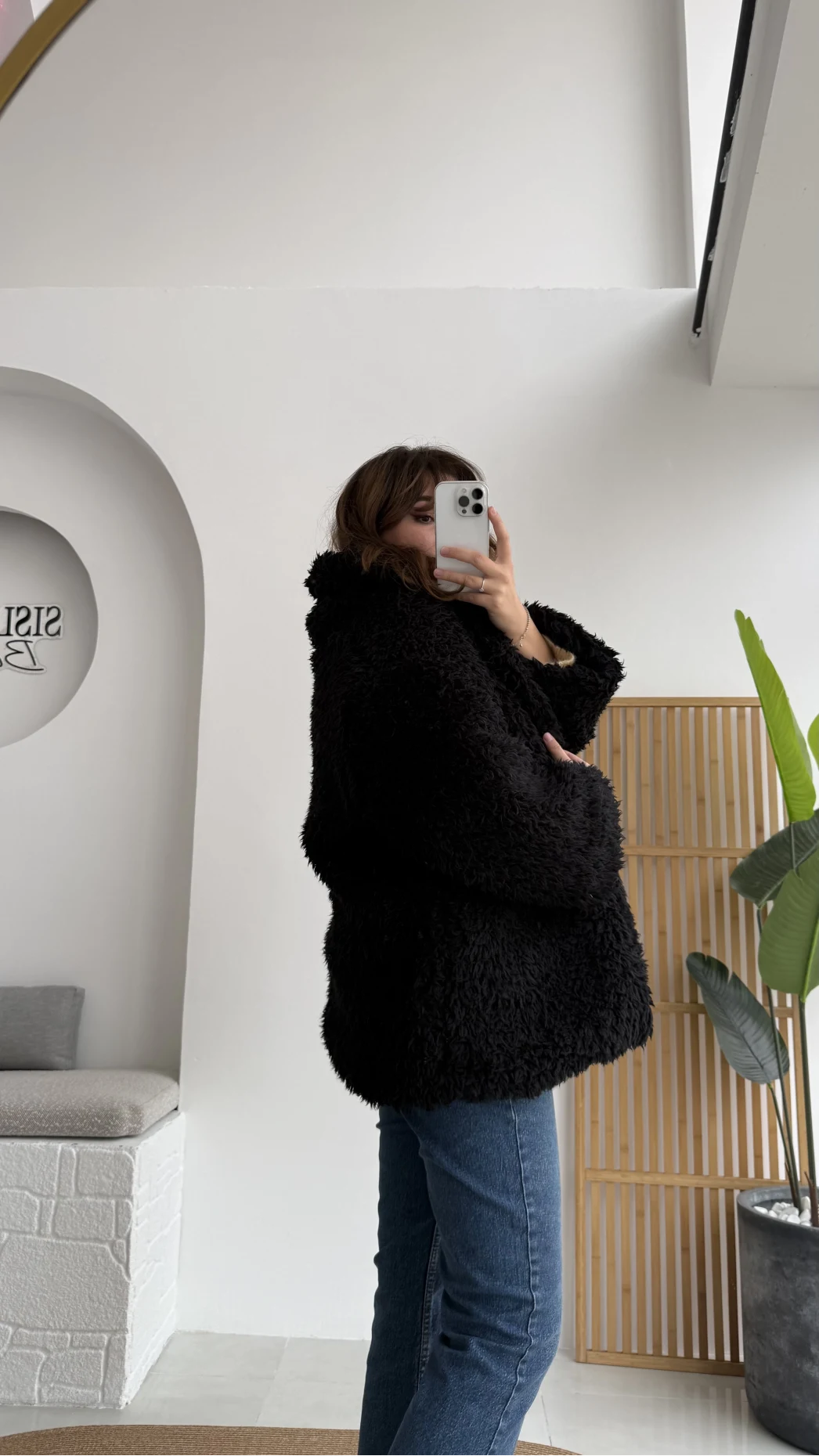 Pera Oversize Peluş Ceket - Siyah