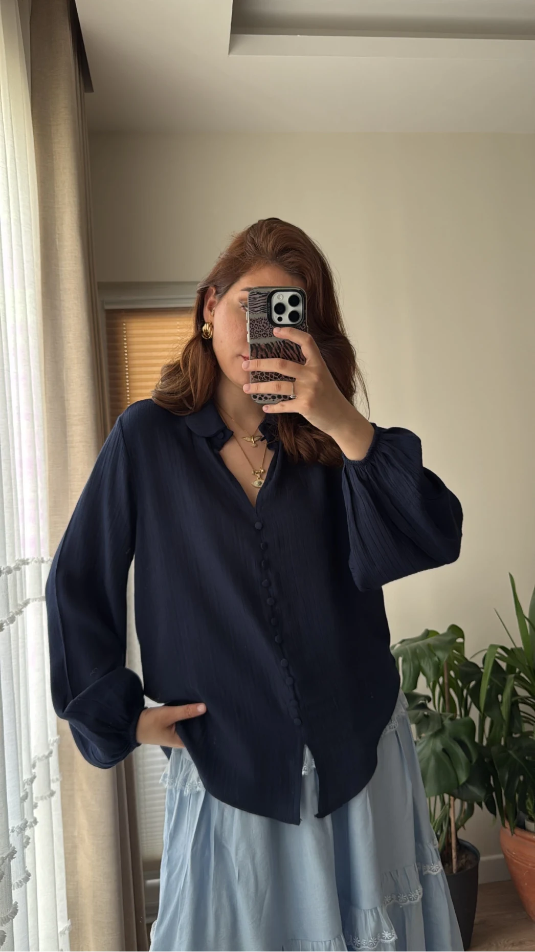 Peri Serisi Balon Kol Lacivert Bluz