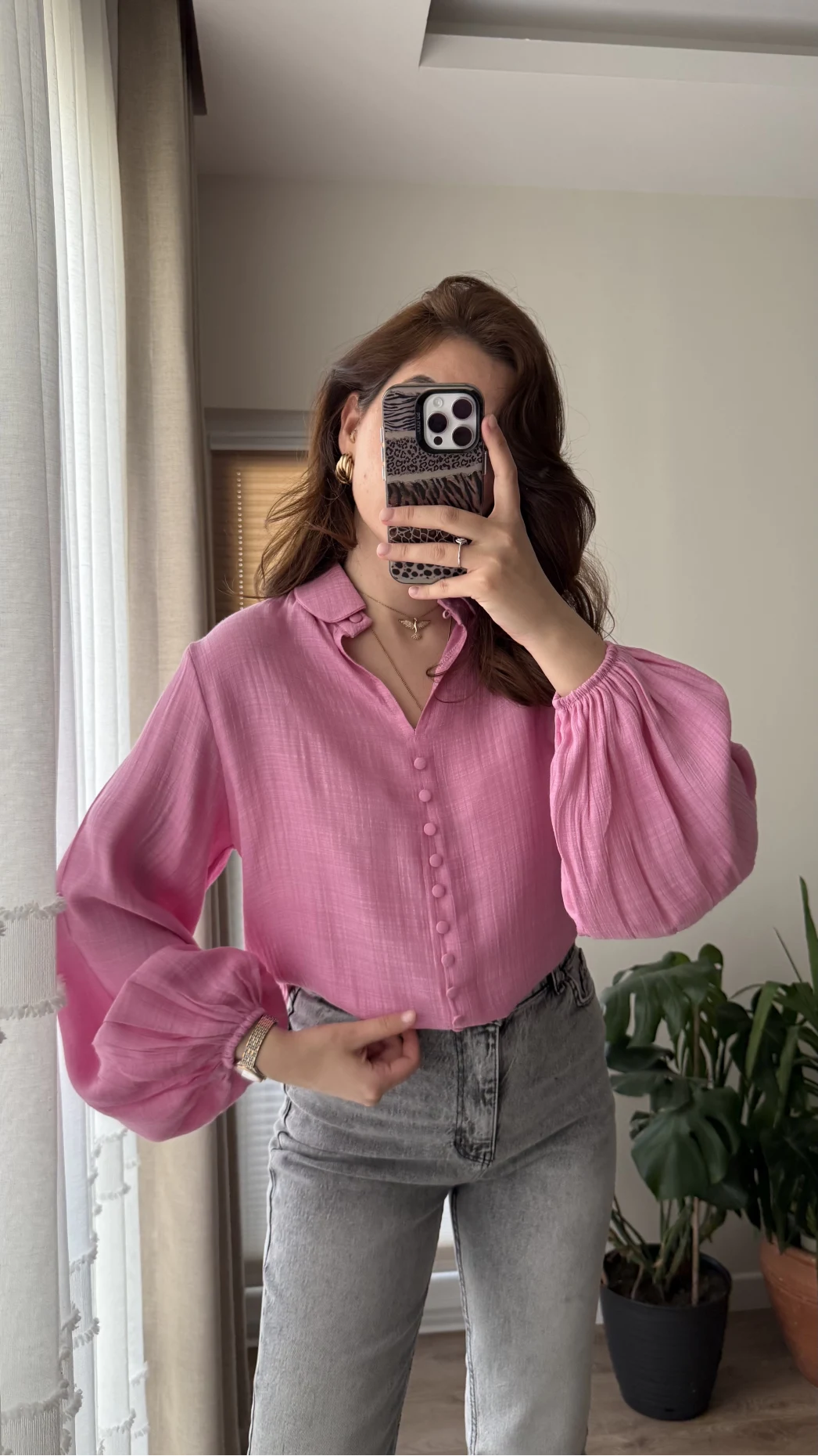 Peri Serisi Balon Kol Pembe Bluz