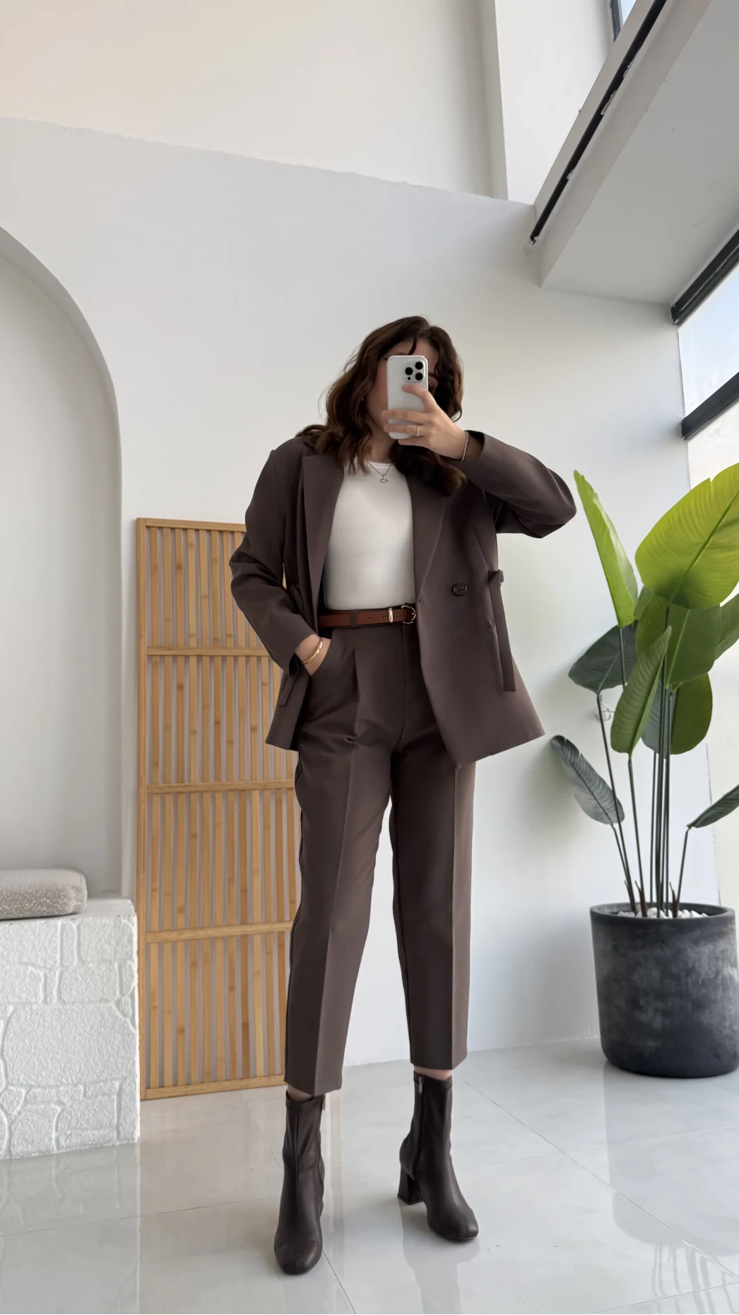 Pile Detaylı Kemerli Pantolon - Kahverengi - KOD:50938