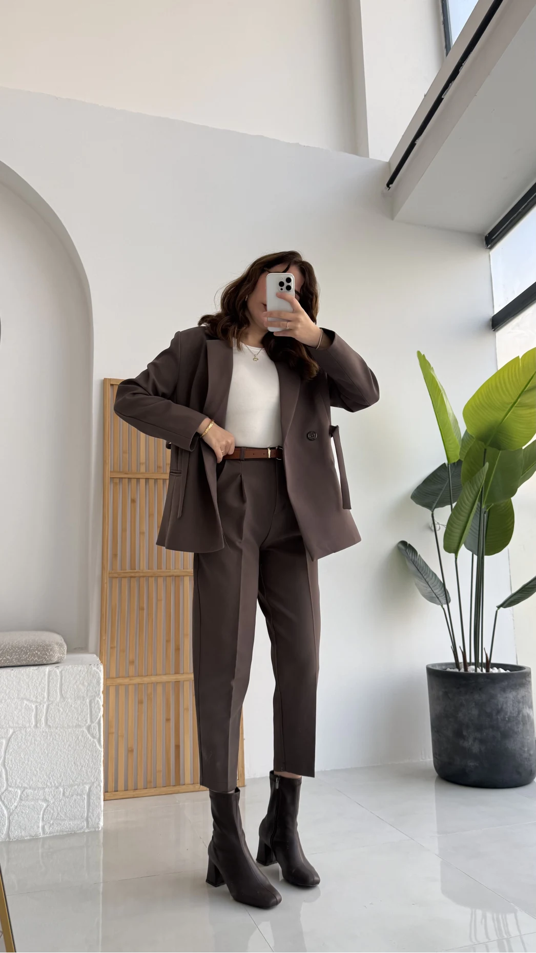 Pile Detaylı Kemerli Pantolon - Kahverengi - KOD:50938