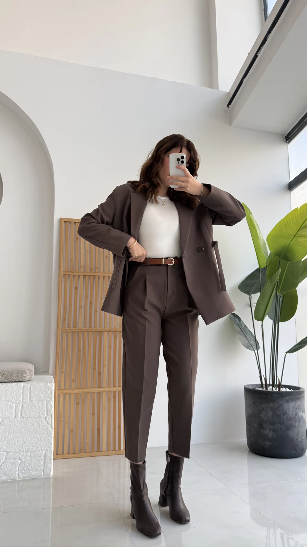 Pile Detaylı Kemerli Pantolon - Kahverengi - KOD:50938