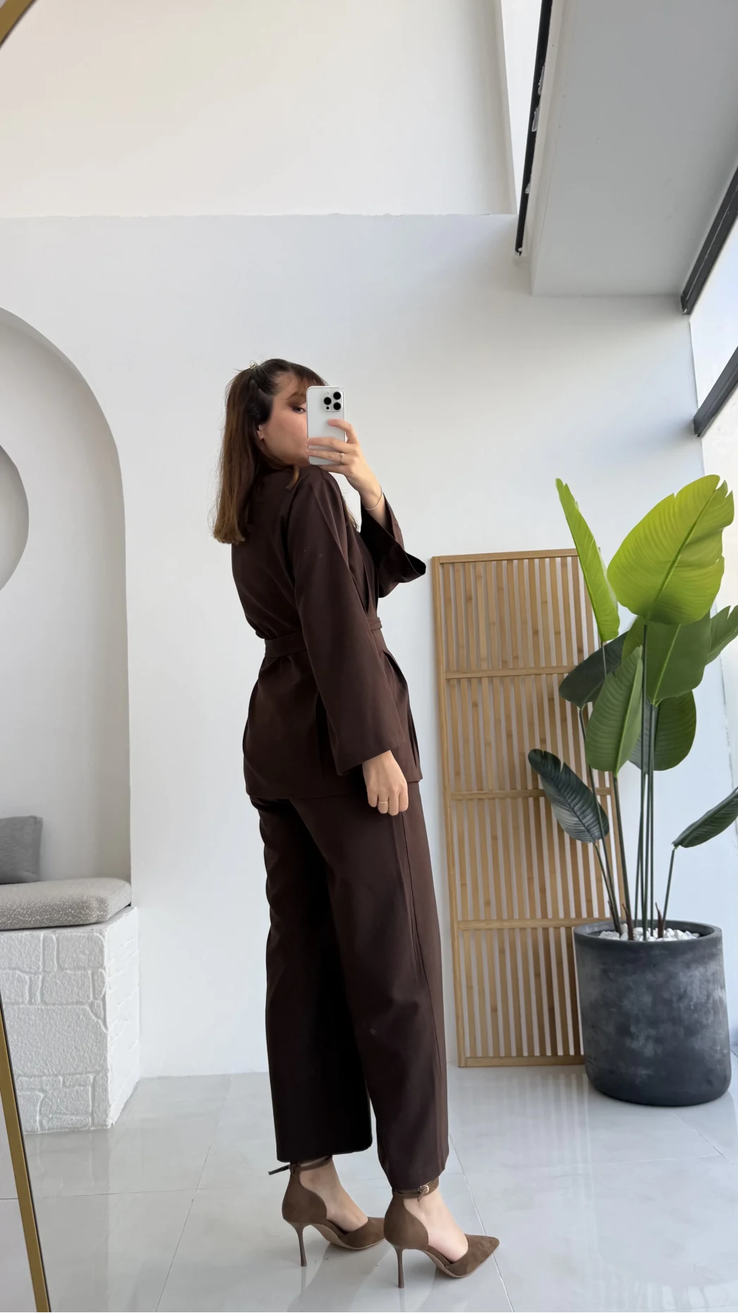 Pile Detaylı Tunik Pantolon Takım Kuşaklı Acı Kahve Kod:8795