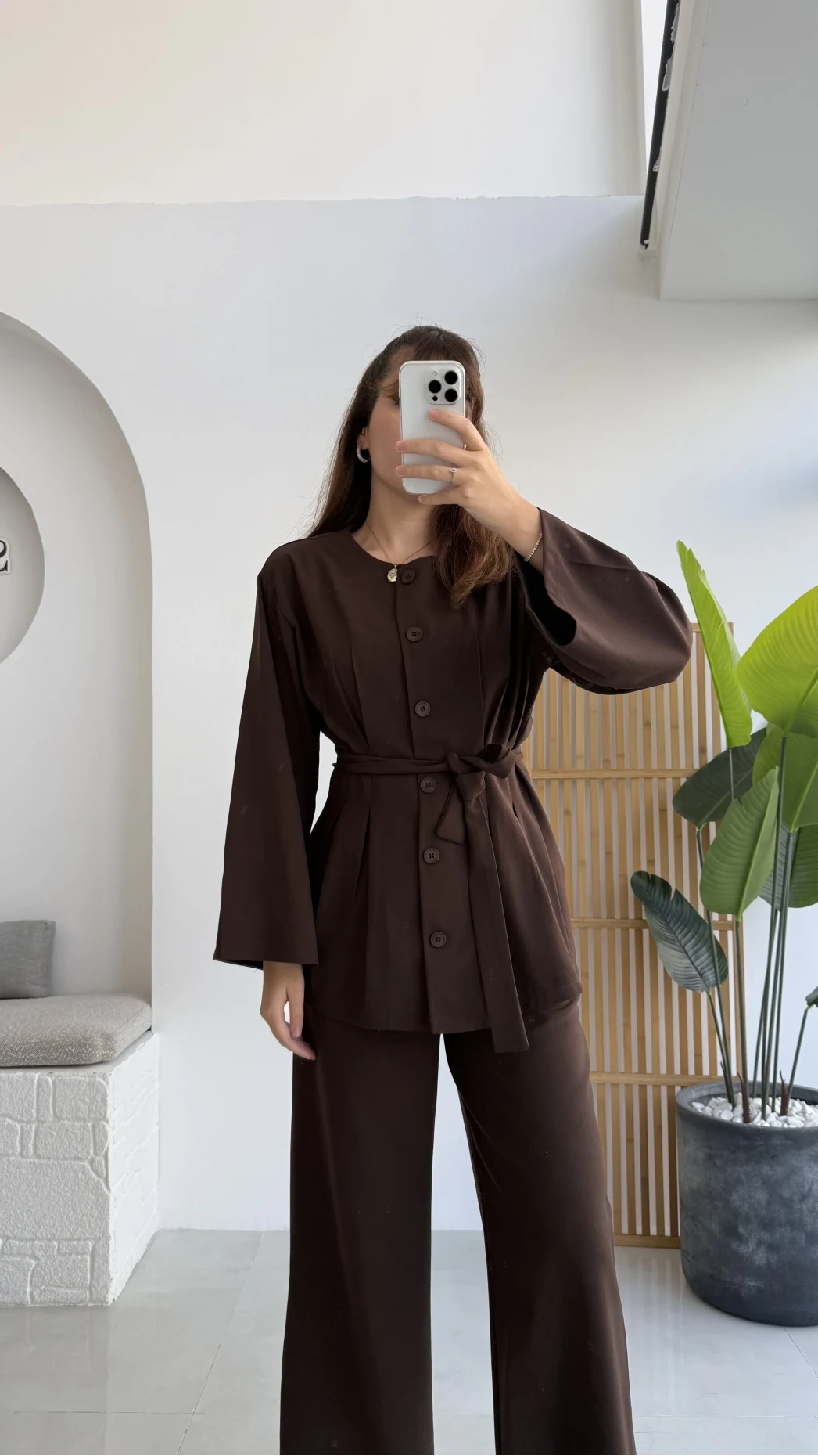 Pile Detaylı Tunik Pantolon Takım Kuşaklı Acı Kahve Kod:8795