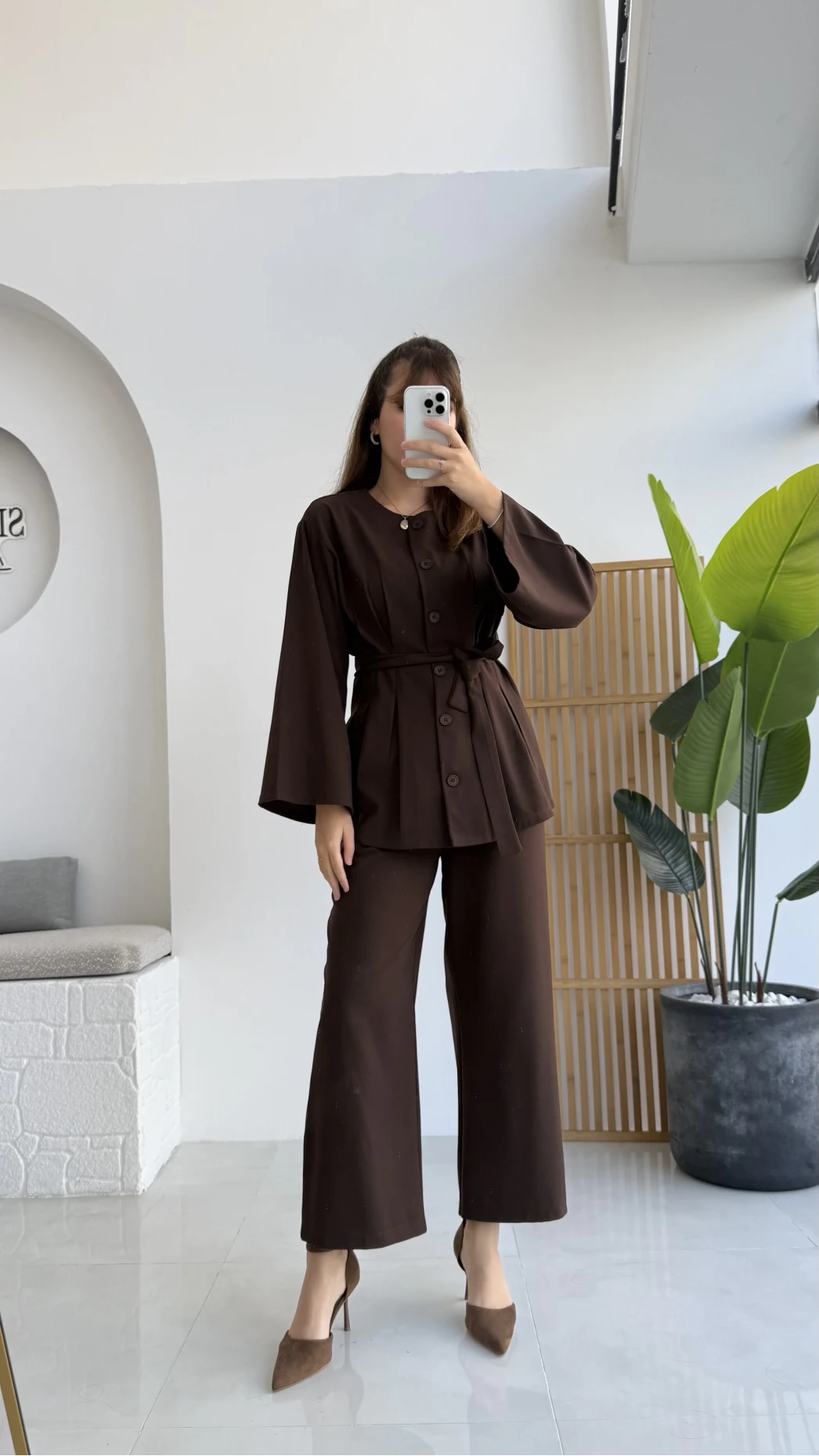 Pile Detaylı Tunik Pantolon Takım Kuşaklı Acı Kahve Kod:8795