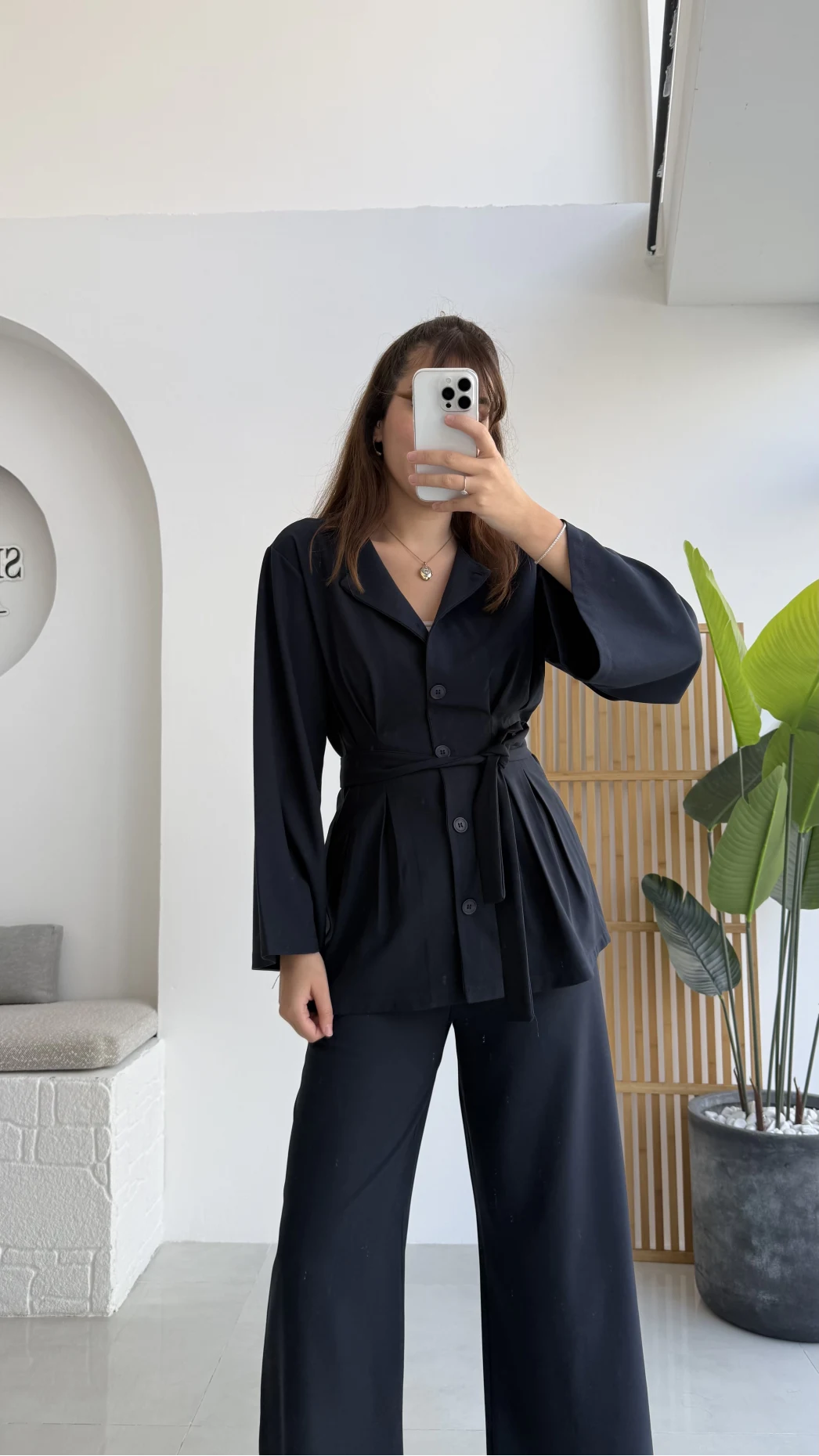 Pile Detaylı Tunik Pantolon Takım Kuşaklı Lacivert Kod:8795