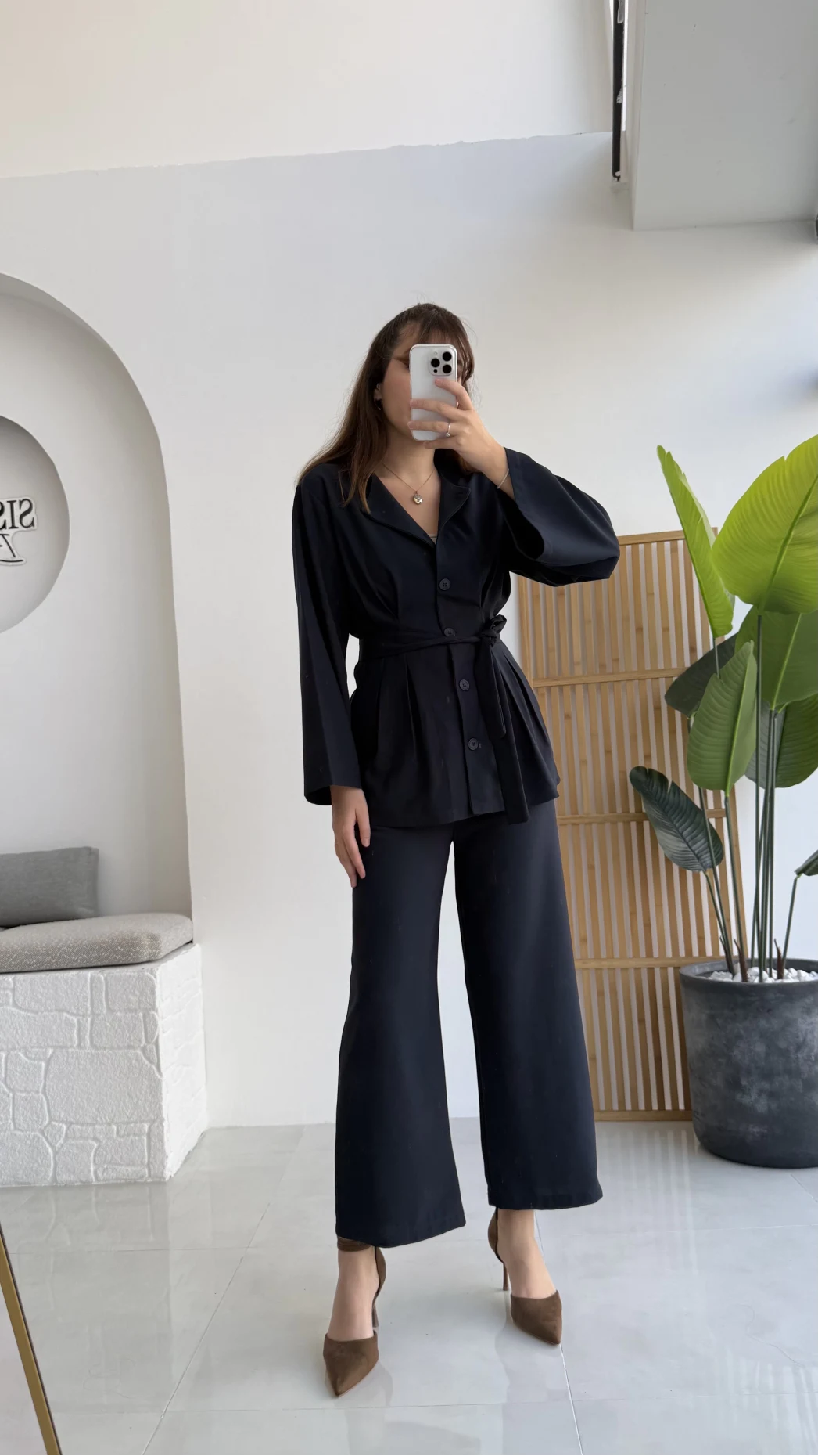 Pile Detaylı Tunik Pantolon Takım Kuşaklı Lacivert Kod:8795