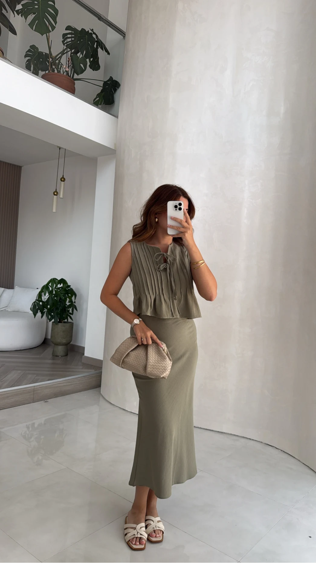 Pileli Bluz Etek Takım - Haki - Kod: 8490 8021