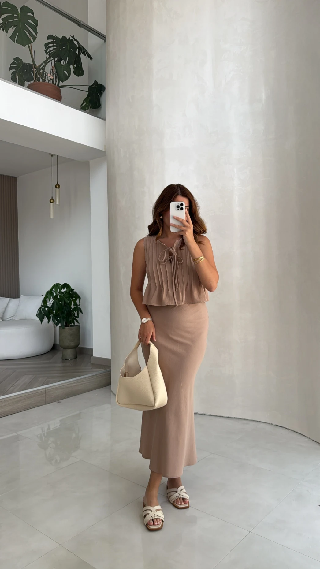 Pileli Bluz Etek Takım - Vizon - Kod: 8490 8021