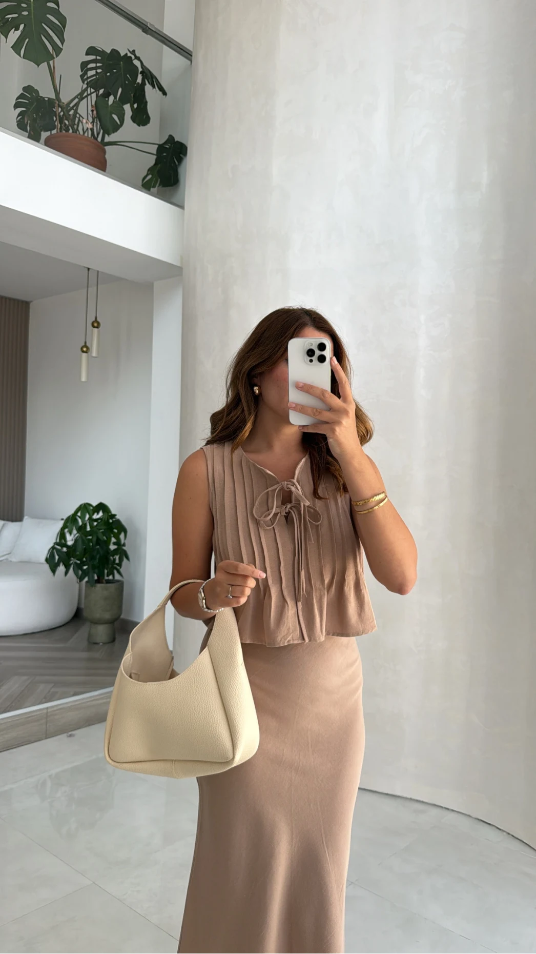 Pileli Bluz Etek Takım - Vizon - Kod: 8490 8021