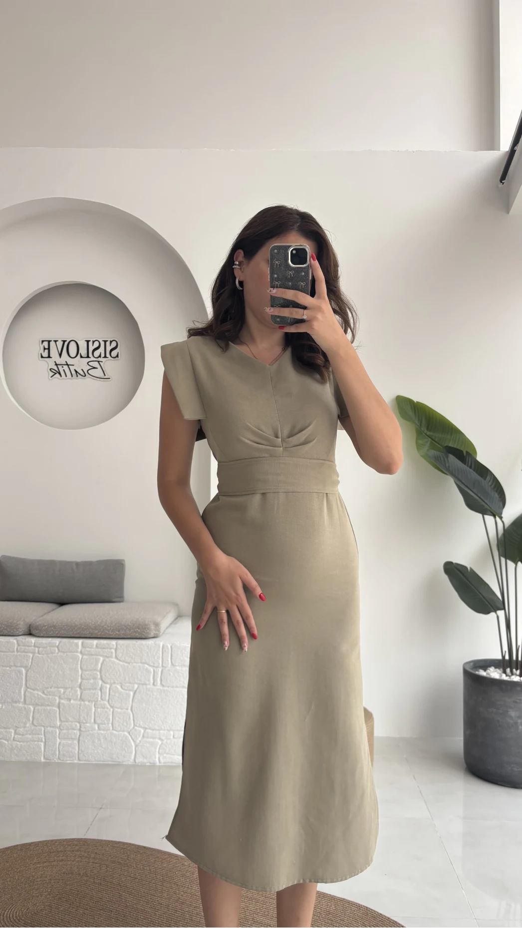 Pimenta Kuşaklı Midi Elbise - Haki - 2294