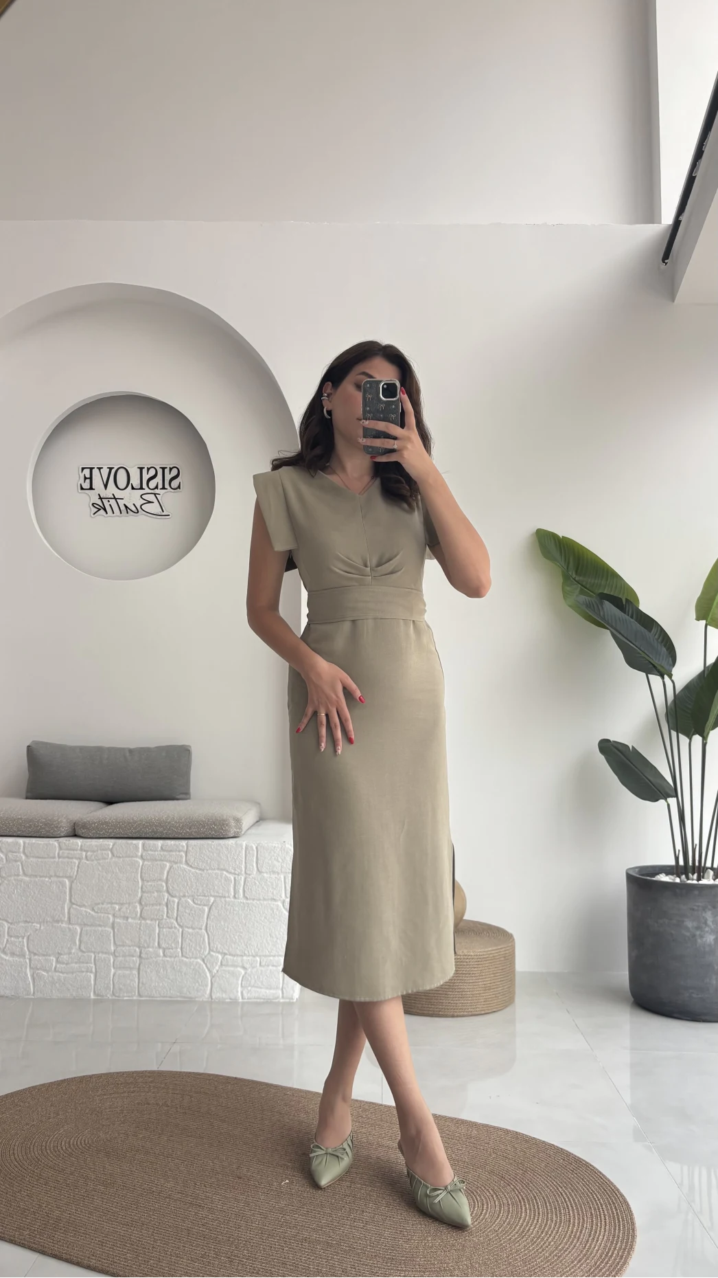 Pimenta Kuşaklı Midi Elbise - Haki - 2294