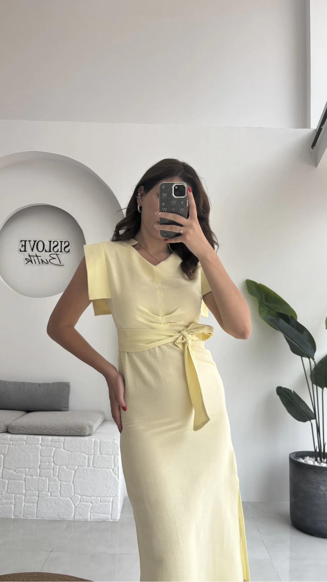 Pimenta Kuşaklı Midi Elbise - Sarı - 2294