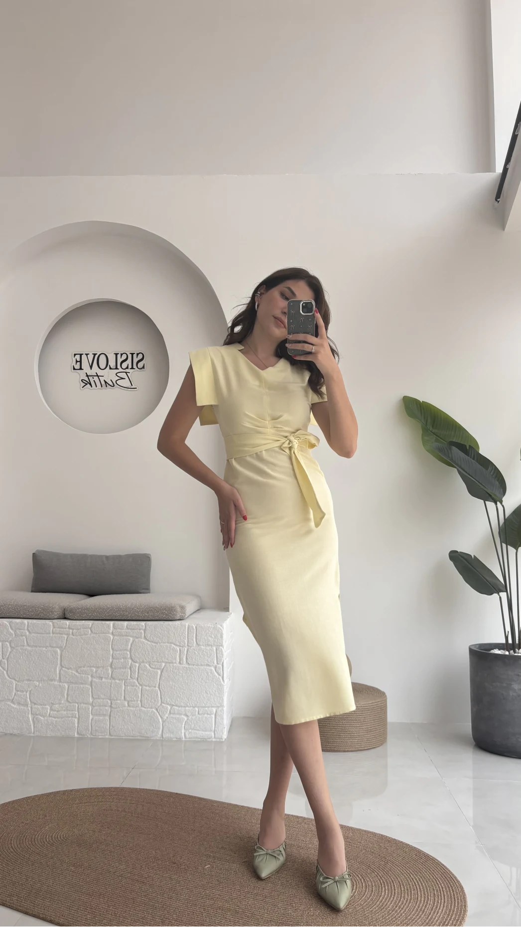 Pimenta Kuşaklı Midi Elbise - Sarı - 2294