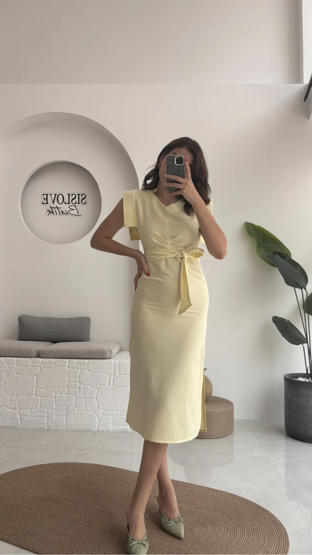 Pimenta Kuşaklı Midi Elbise - Sarı - 2294