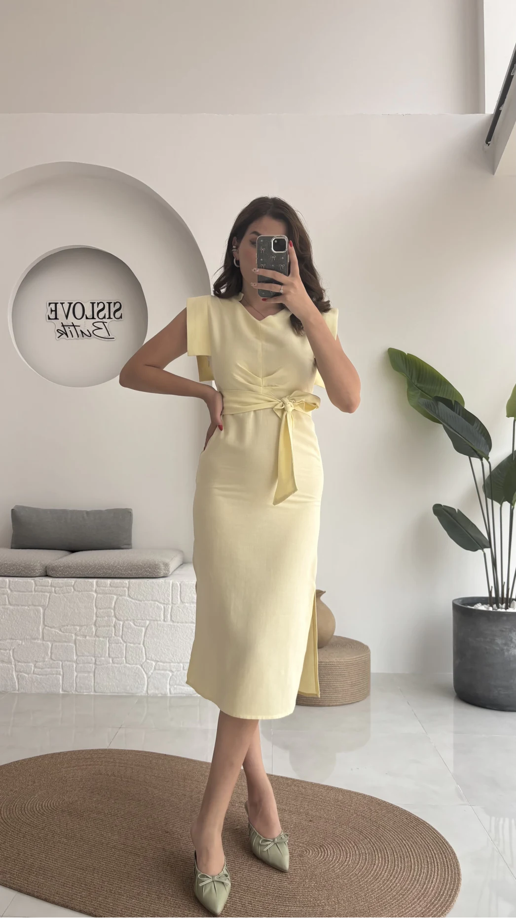 Pimenta Kuşaklı Midi Elbise - Sarı - 2294