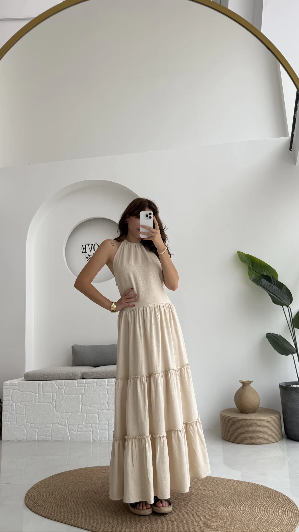 Polen Boyundan Bağlamalı Keten Elbise - Bej - 6027