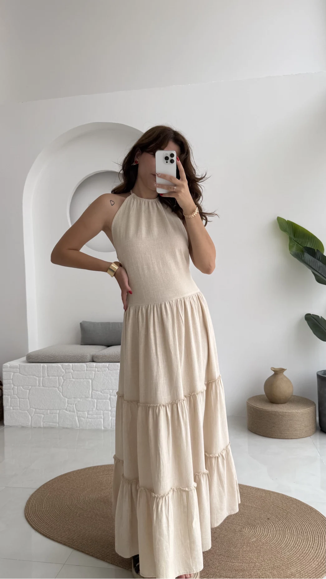 Polen Boyundan Bağlamalı Keten Elbise - Bej - 6027