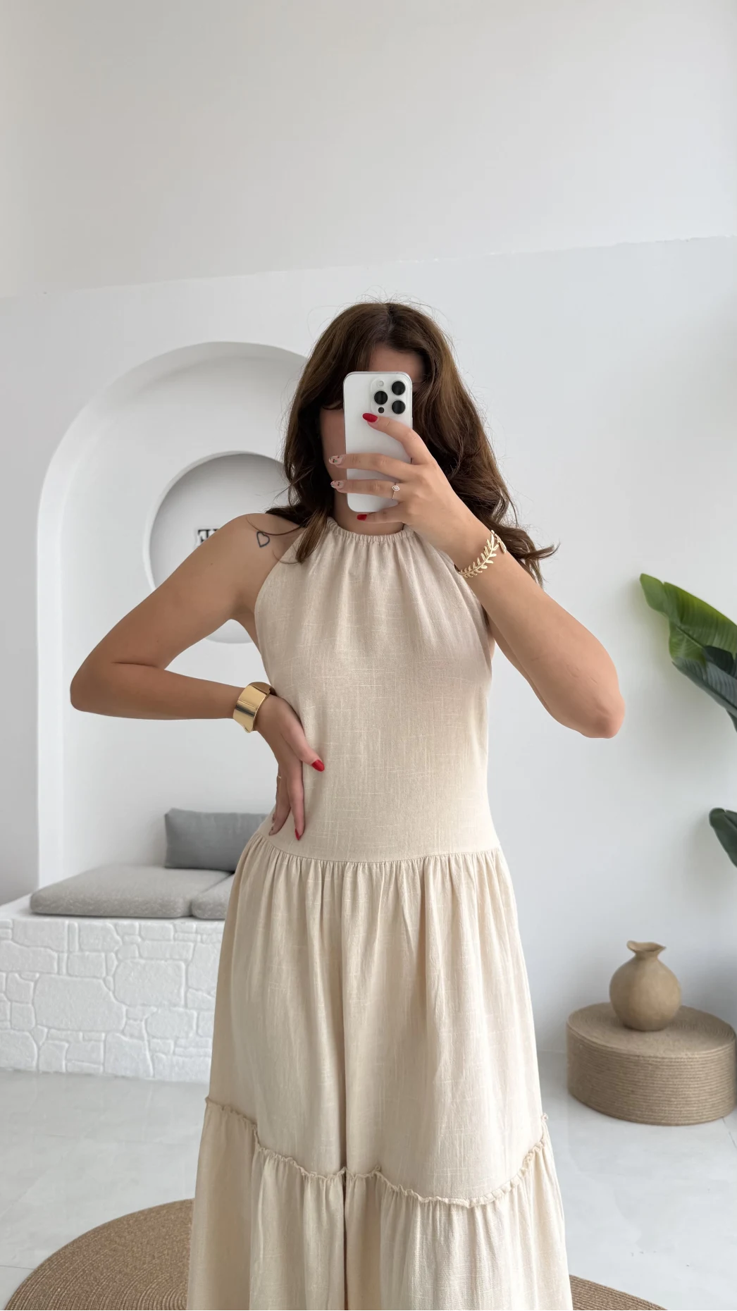 Polen Boyundan Bağlamalı Keten Elbise - Bej - 6027