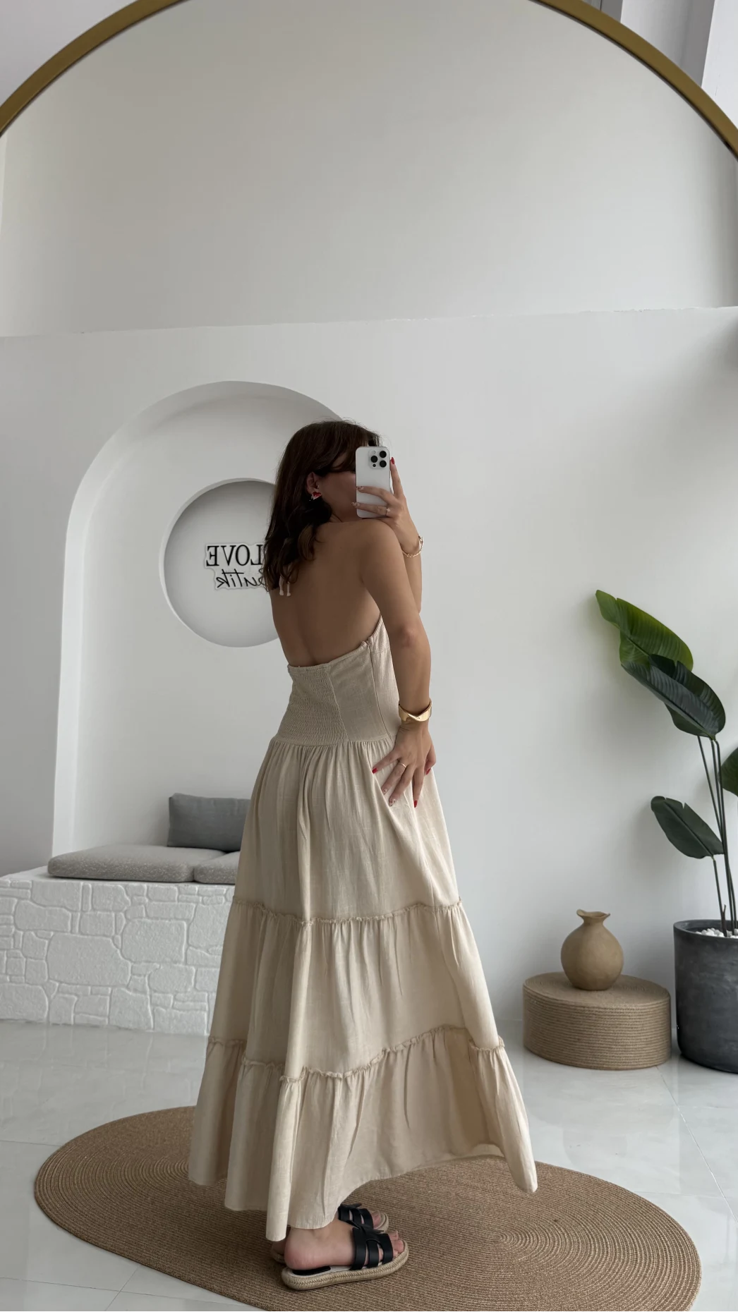 Polen Boyundan Bağlamalı Keten Elbise - Bej - 6027