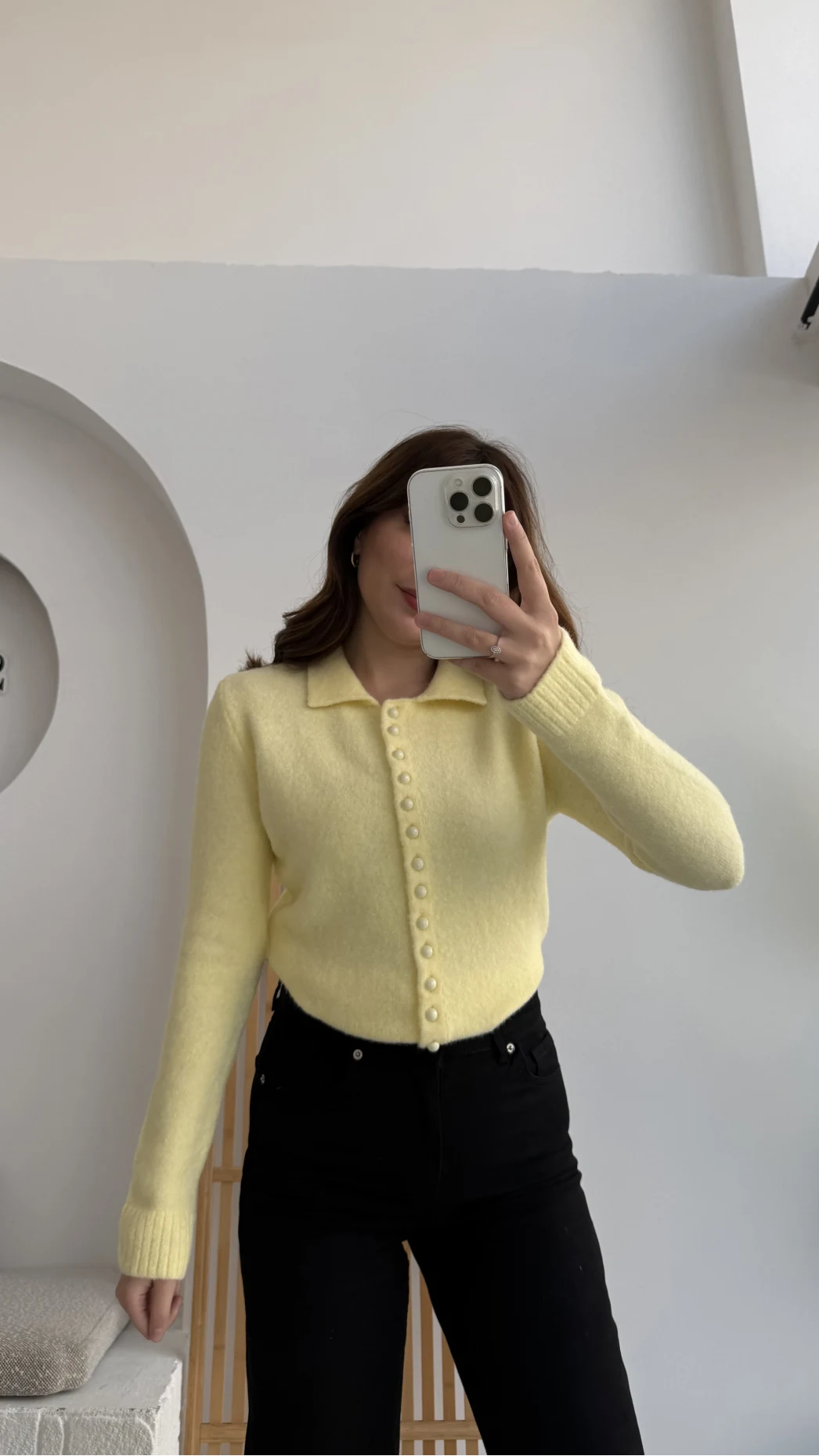 Polo Yaka Düğmeli Hırka - Sarı