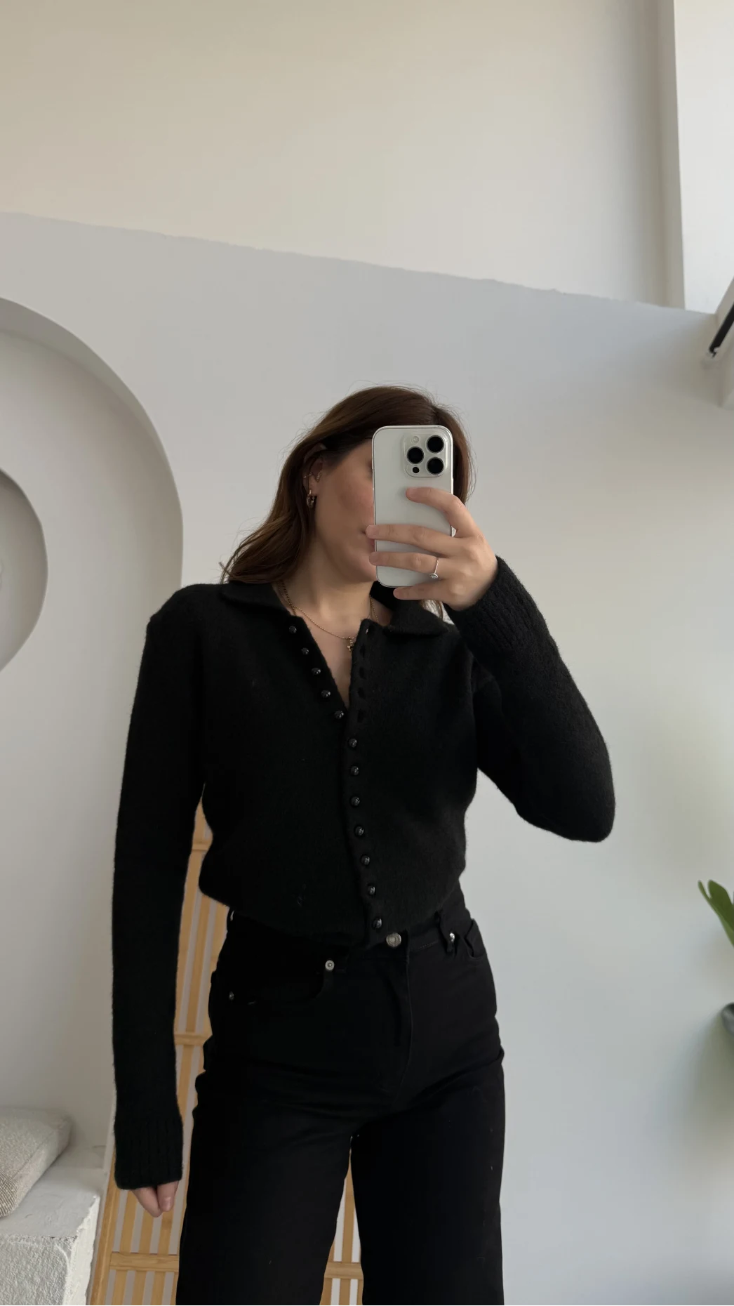 Polo Yaka Düğmeli Hırka - Siyah