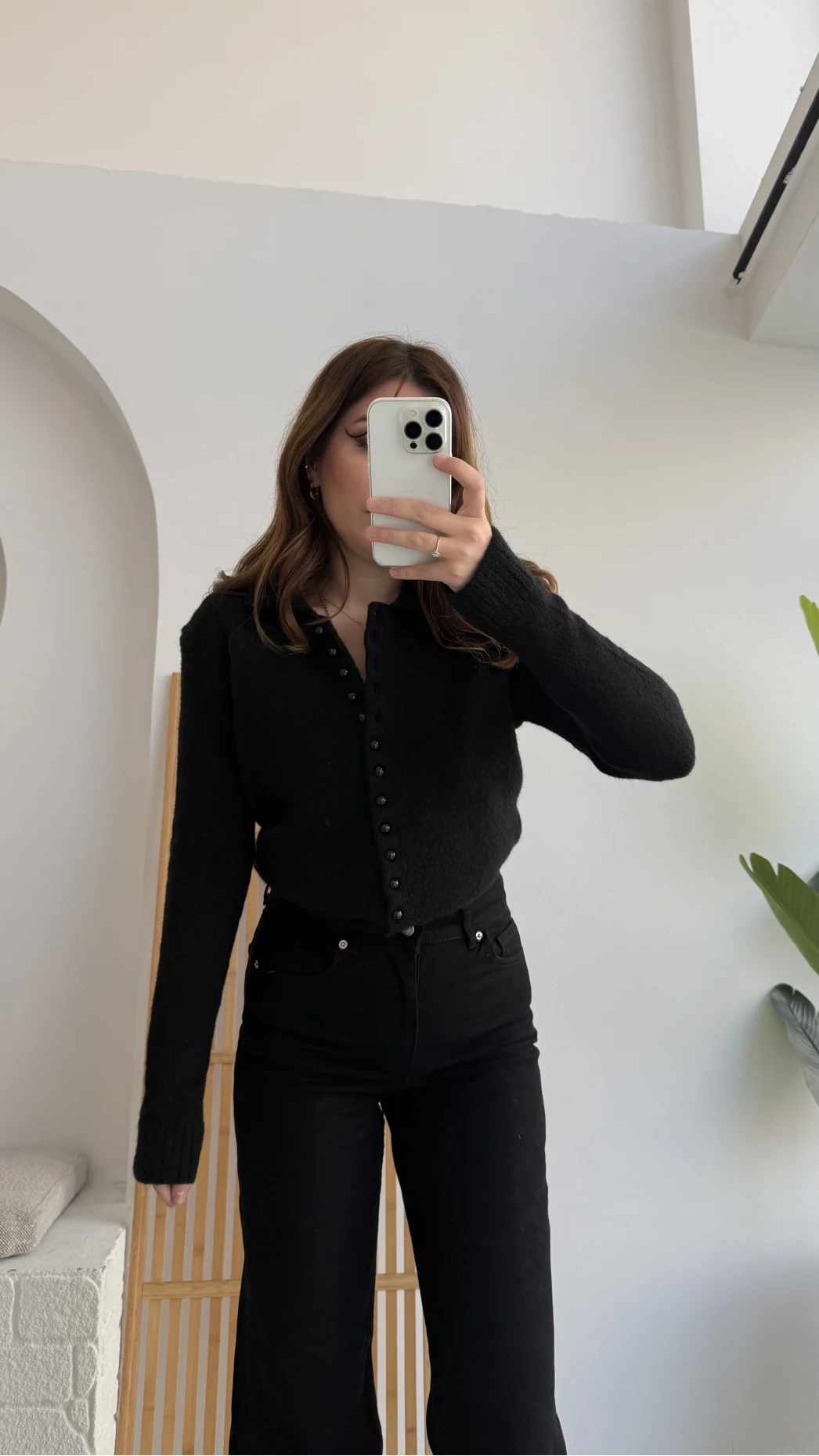 Polo Yaka Düğmeli Hırka - Siyah