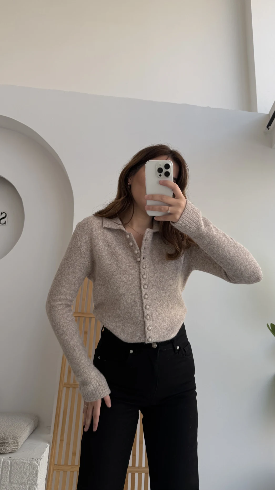 Polo Yaka Düğmeli Hırka - Taş