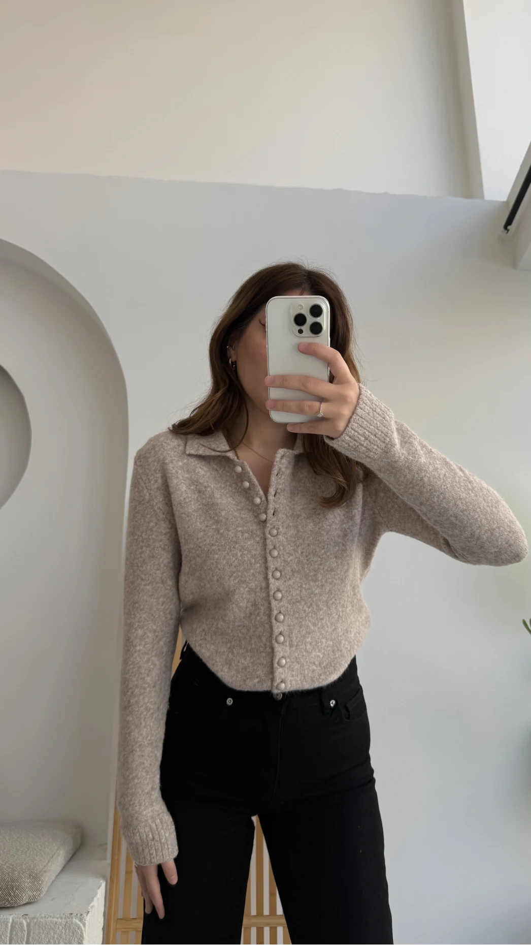 Polo Yaka Düğmeli Hırka - Taş