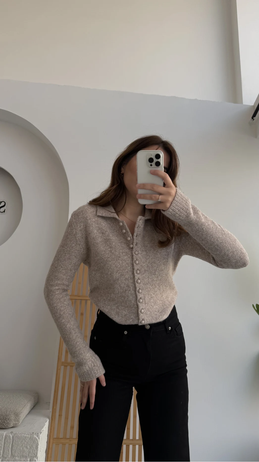 Polo Yaka Düğmeli Hırka - Taş