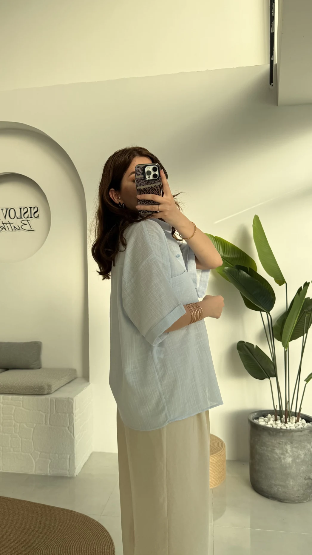 Pome Keten Karışımlı Tek Cepli Gömlek Mavi - 2114