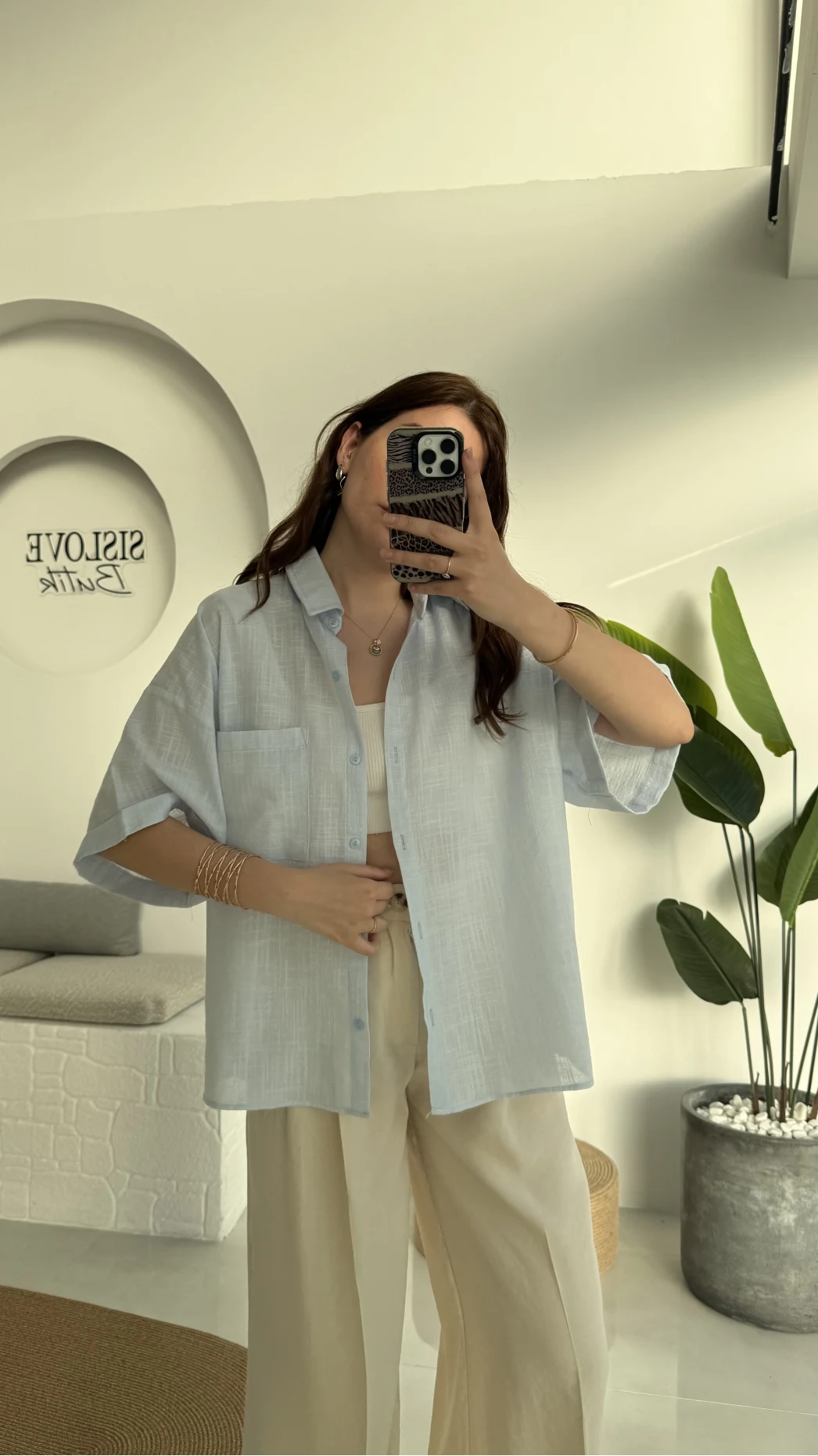 Pome Keten Karışımlı Tek Cepli Gömlek Mavi - 2114