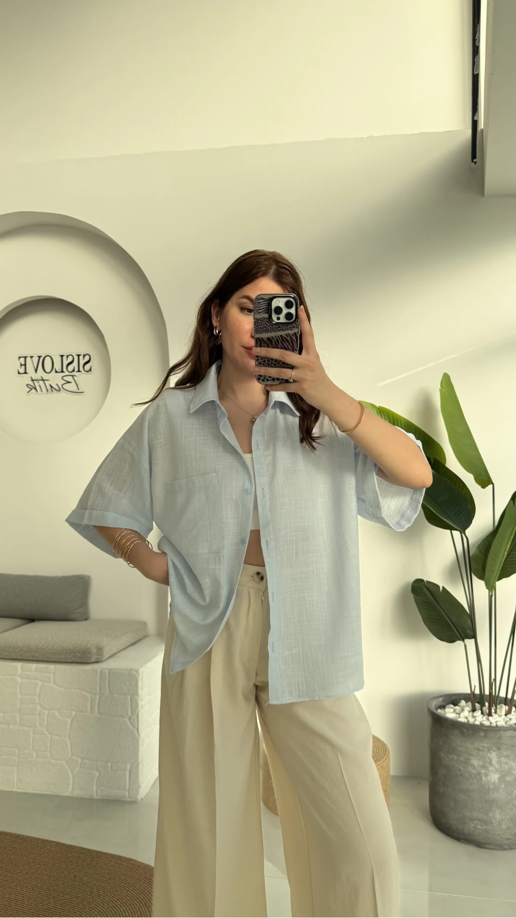 Pome Keten Karışımlı Tek Cepli Gömlek Mavi - 2114