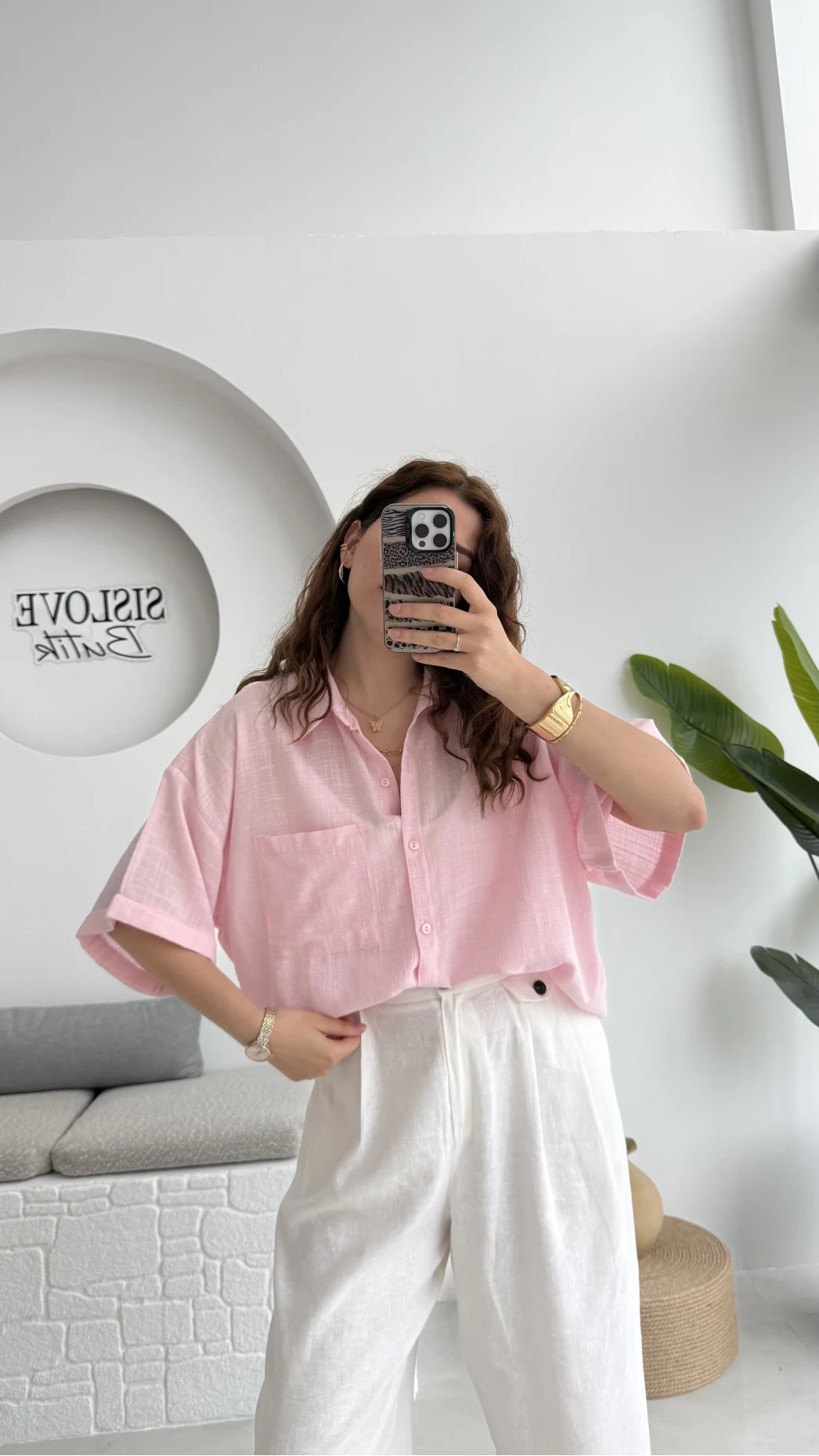 Pome Keten Karışımlı Tek Cepli Gömlek Pembe - 2114