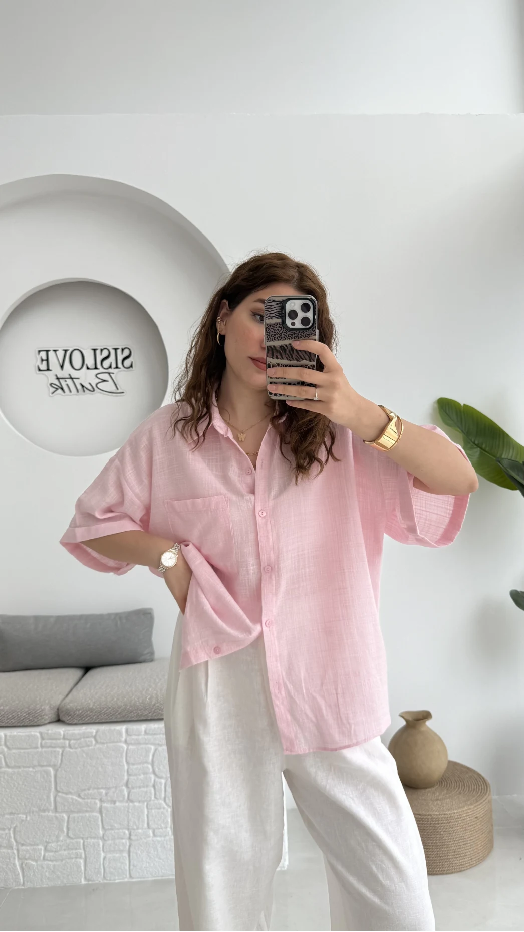 Pome Keten Karışımlı Tek Cepli Gömlek Pembe - 2114