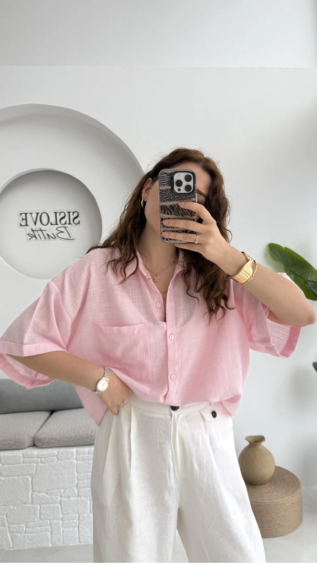 Pome Keten Karışımlı Tek Cepli Gömlek Pembe - 2114