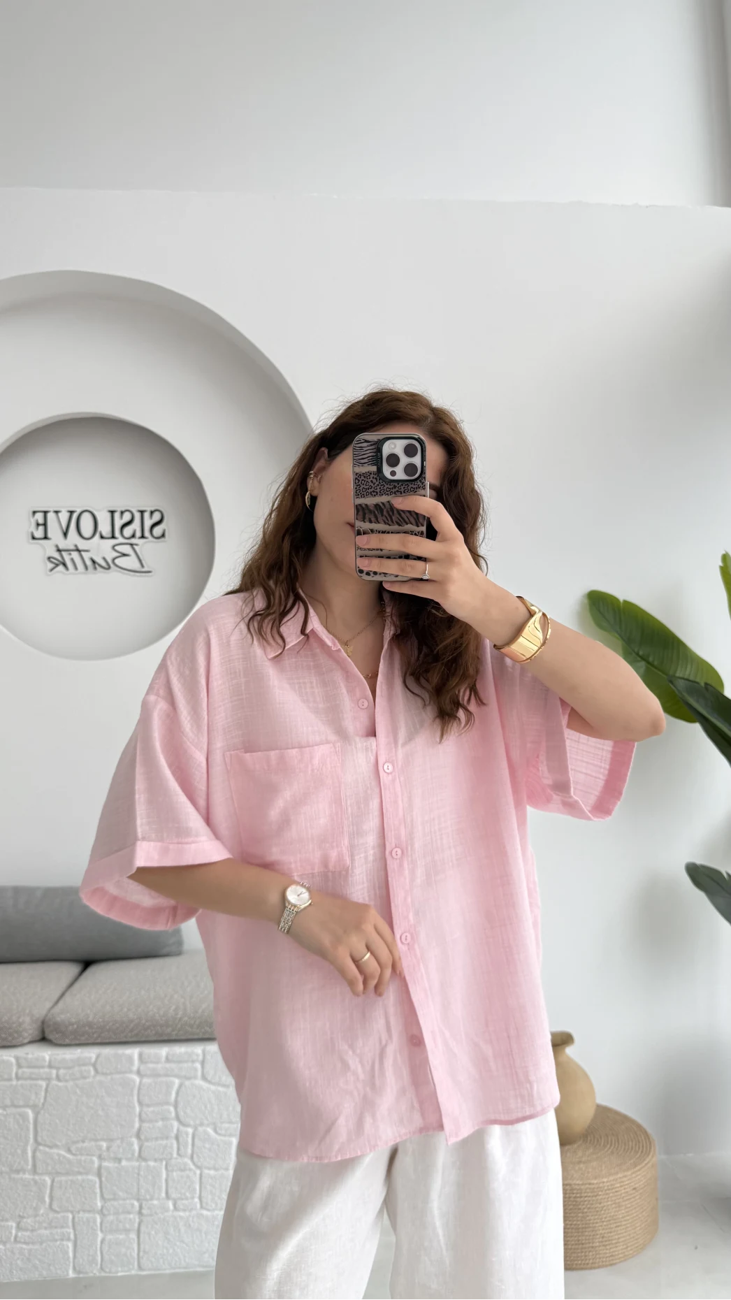 Pome Keten Karışımlı Tek Cepli Gömlek Pembe - 2114