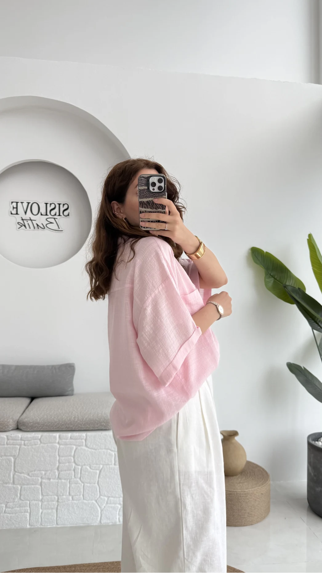 Pome Keten Karışımlı Tek Cepli Gömlek Pembe - 2114