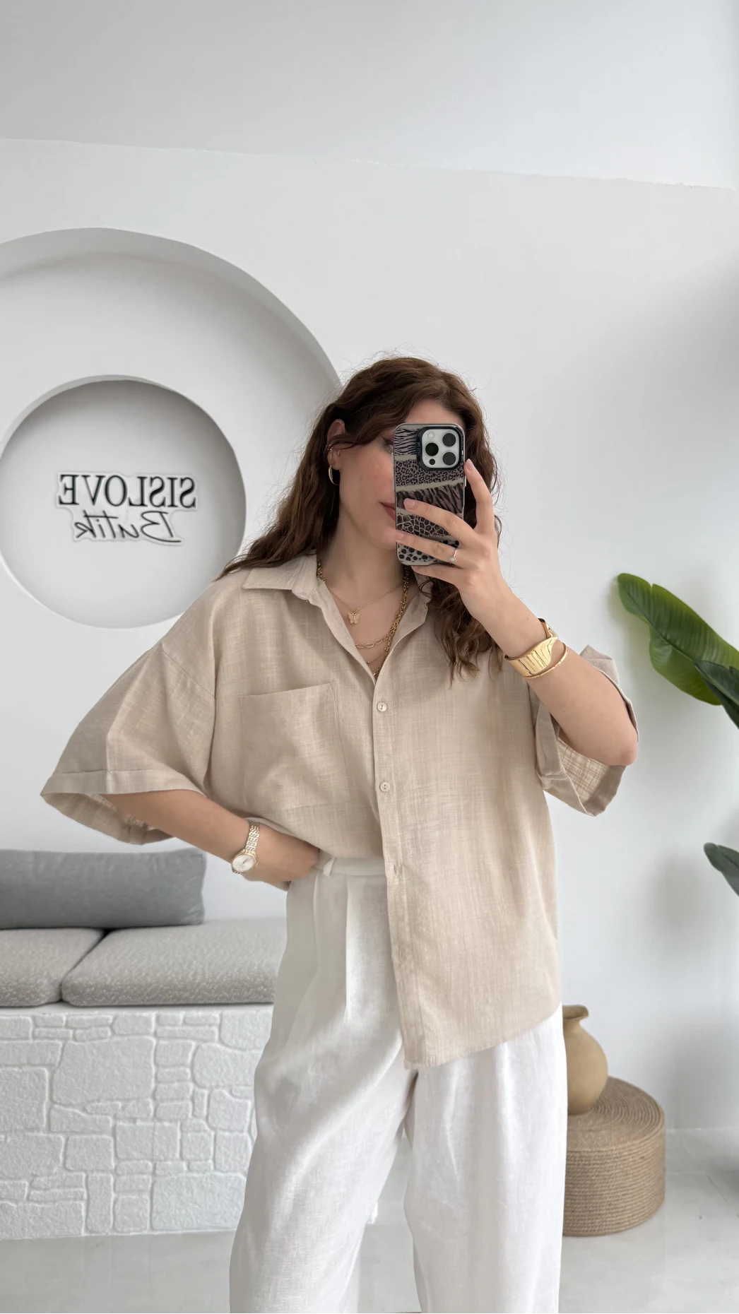 Pome Keten Karışımlı Tek Cepli Gömlek Taş - 2114