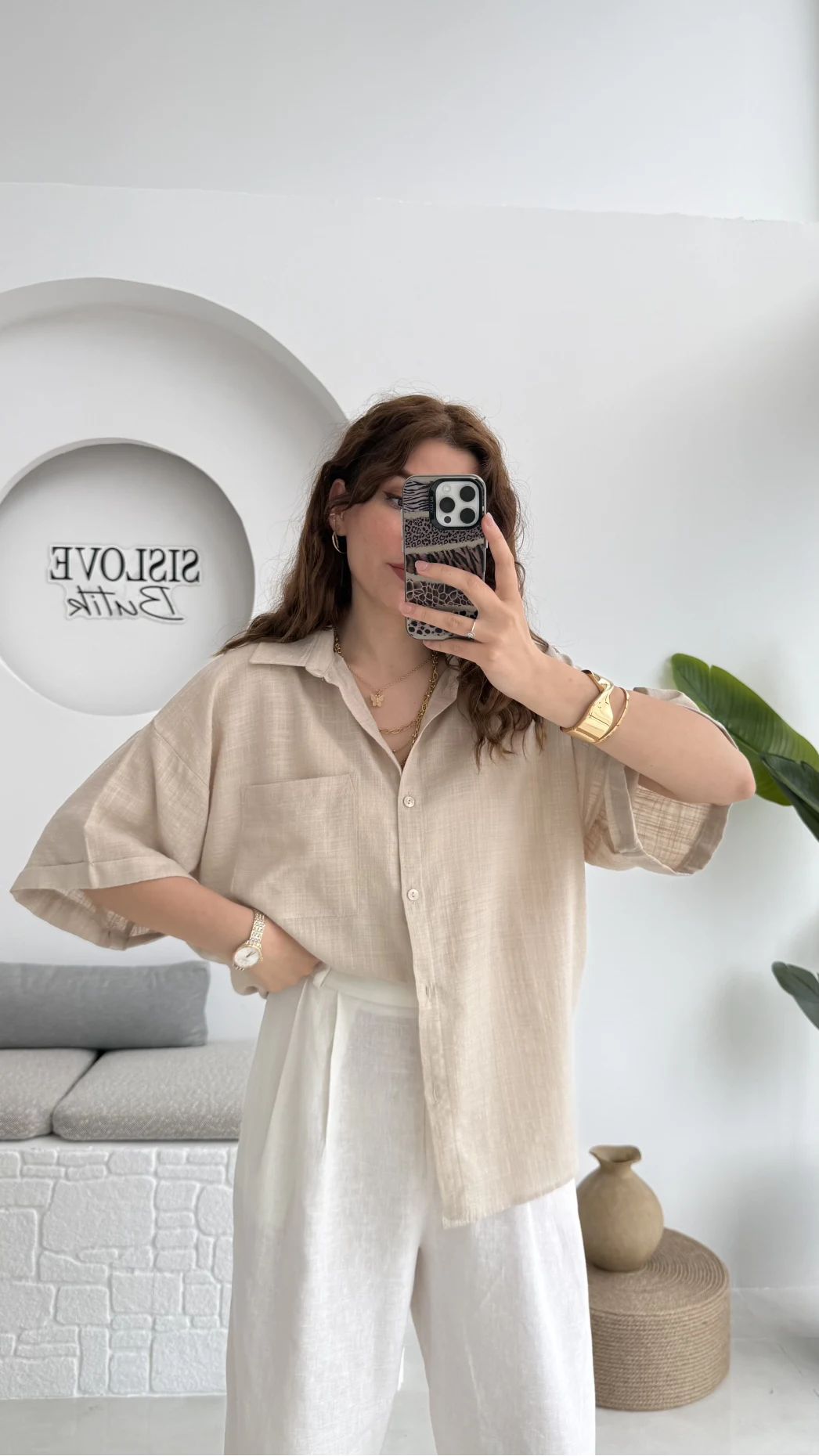 Pome Keten Karışımlı Tek Cepli Gömlek Taş - 2114