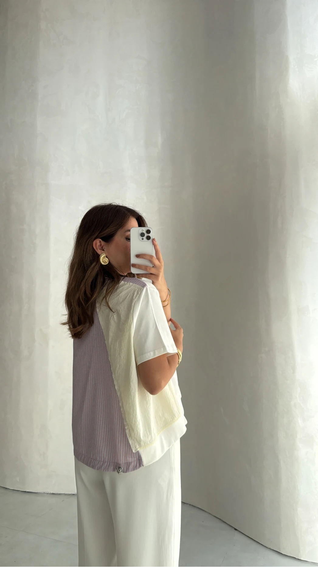 Poplin Detay Büzgülü T-shirt - Ekru - Kod: 1044